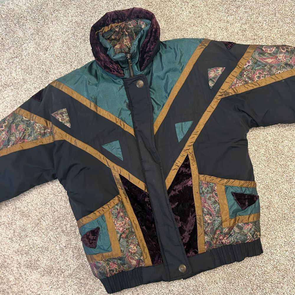 Vintage Casual Club Puffer Jacket Women Size Medium Colorblock Paisley‎ Full Zip